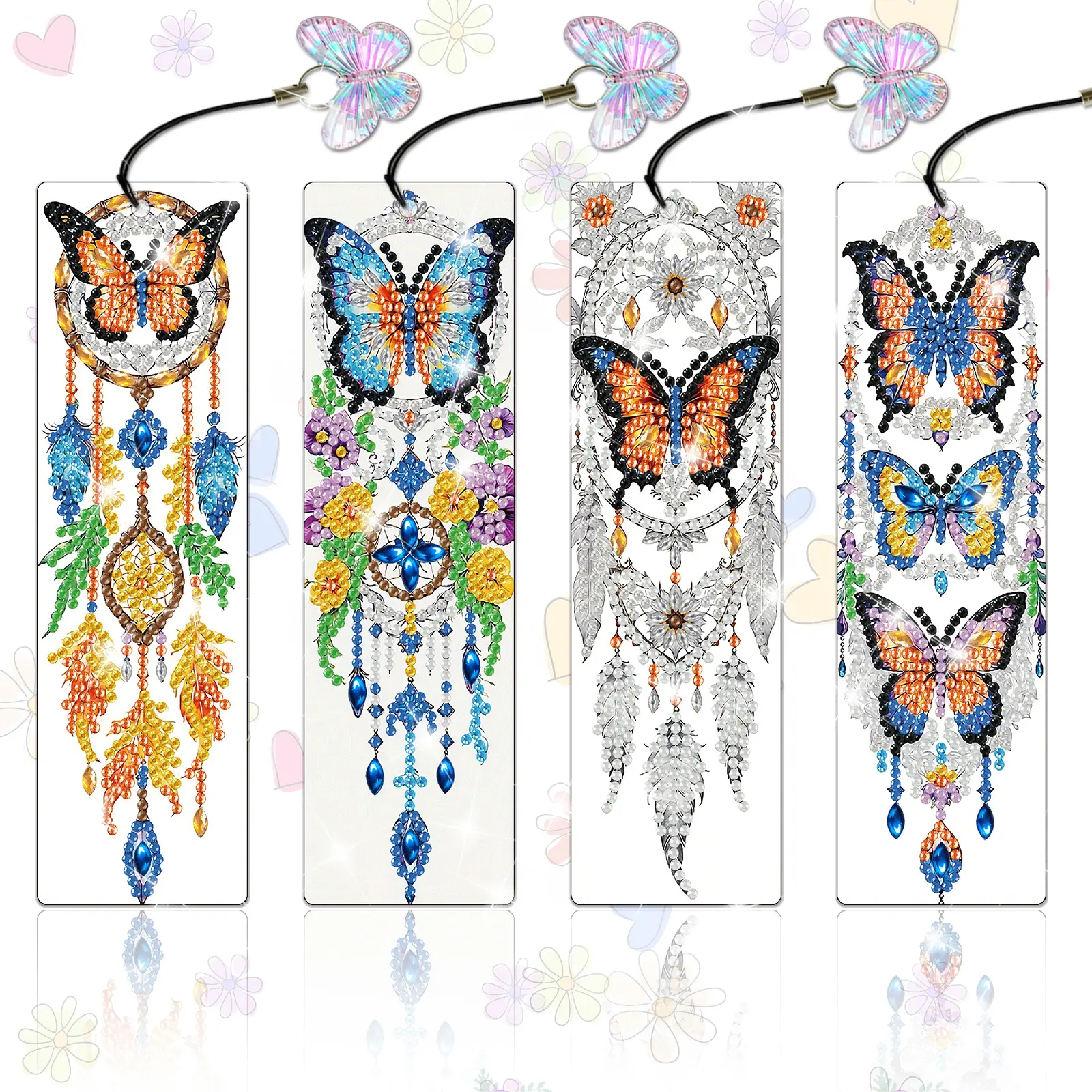 4-piece DIY Diamond Painting Bookmark Kit, Butterfly Section 5D Diamond Art Bookmark Kit, Craft Bookmark Making Kit, Includes Pendant, Tool Kit, Craft Kit Suitable for Adults