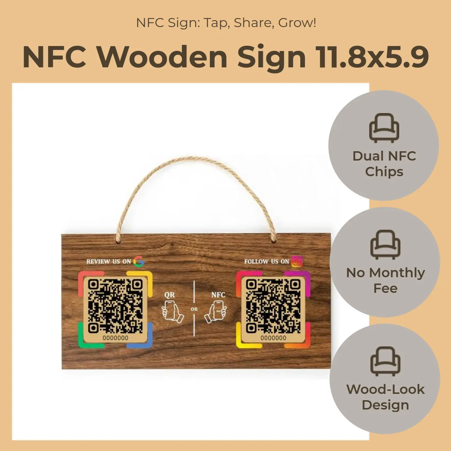 Large Wooden-Style Plastic Hangable NFC Hanging Sign - Google Review Integration, Social Integration - No Monthly Fee - 11.8x5.9in