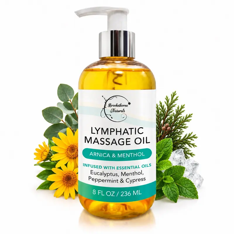 Brookethorne Naturals Lymphatic Drainage Therapy Body & Massage Oil - 100% Natural Non-Toxic Essential Oils (Arnica, Eucalyptus, Menthol, Peppermint) - 8oz(236ml) for Lymph Support, Post Surgery Recovery, Stress Relief, Detox, Pain Relief
