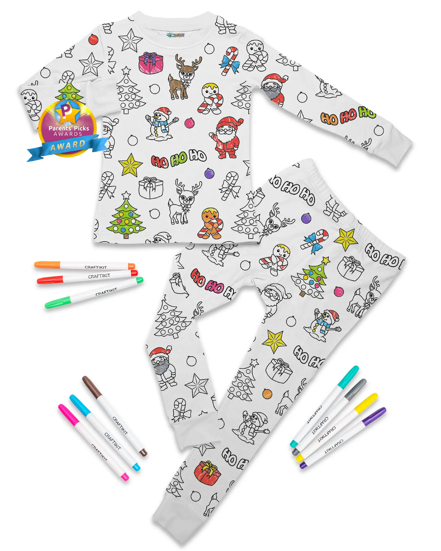 Craftikit Kids Christmas Coloring Pajamas Set with Markers Soft Bamboo Viscose 2-Piece Unisex PJs Set Snug Fit Color Your Own Bamboo Pajamas Set Ultim