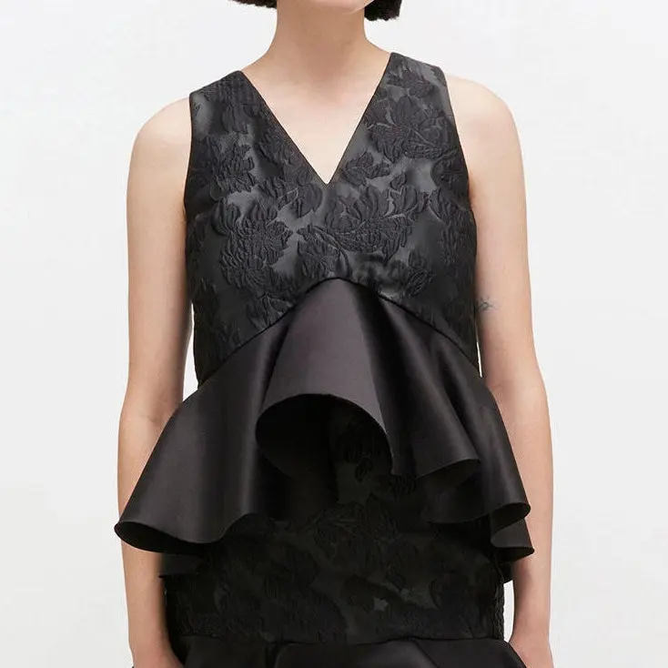 Satin Cloque Slvless Peplum Blouse Black