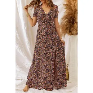 P4TC Multicolor Boho V Neck Floral Print Frill Maxi Dress