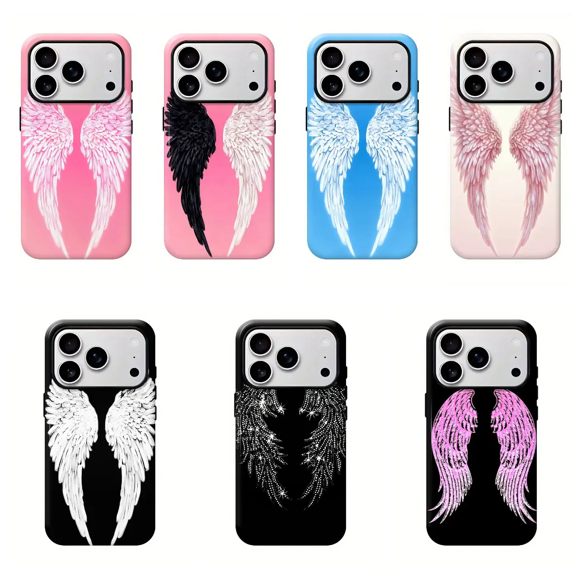 Gothic Dark Aesthetic Protective Hard Phone Case, White Angel Wing Feather Pattern, Full Lens Cutout, Matte, Anti-Drop Shockproof, Casing Cover for iPhone 11-17, 17 Pro Max, Plus Mobile Accessories, Iphone 17