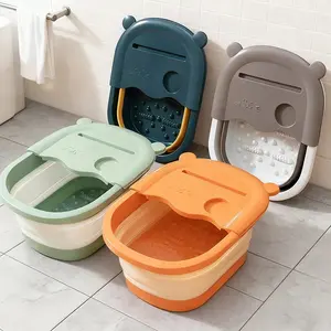 1-piece foldable massage foot bath tub, with a phone slot and massage bumps on the bottom, suitable for adults, home, dormitory and bathroom use, simple design, with a lid, allows for deep foot soaking