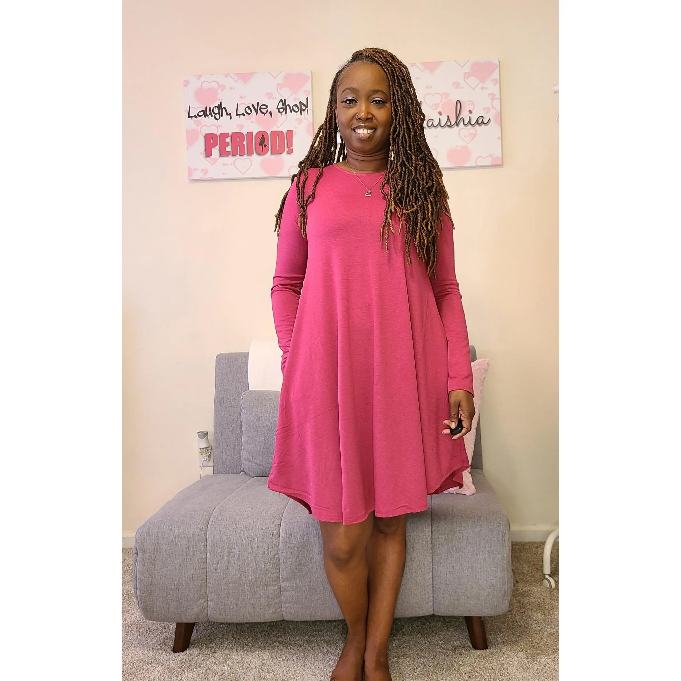 Cassie Round Neck Long Sleeve Dress - Magenta