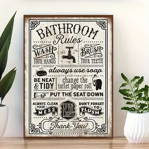 2D Flat Design, 1 Piece Fun Bathroom Rules Sign--Vintage Style Large Wall Decorative Painting, with Wooden Frame and Edged Canvas, Country Bohemian Minimalist Style Decoration, Suitable for Living Room, Bedroom, Bathroom, Hanging Design, Ideal Gift for a