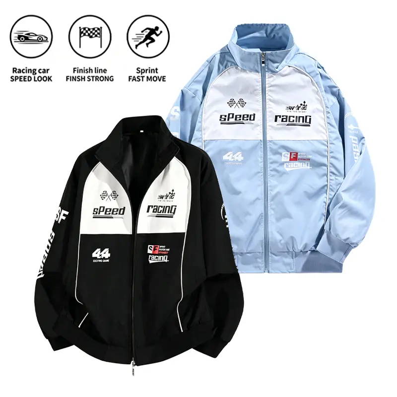 2 Pack Retro Stand Collar Racing Jacket Men Color Block Zip Up Windbreaker Y2K Streetwear Fall Casual Biker Coat