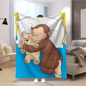 Curious George Inspired Cartoon Monkey Blanket Ultra Soft Flannel Throw Cozy Warm Skin Friendly Nap Blanket for Kids Room Bedroom Couch Sofa Pet Print Room Decor Birthday Christmas Gift for Fans
