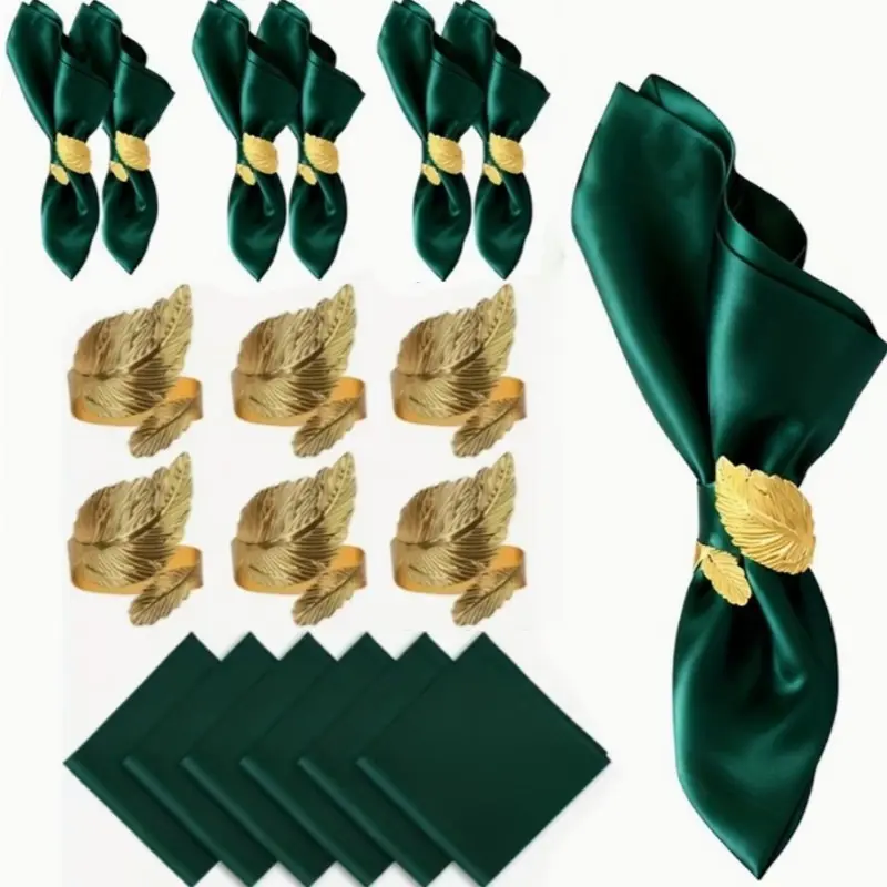 12-Piece Dinner Napkin Set & Leaf Napkin Rings, 6-Pack, 17x17 Satin Square Modern Tabletop Decor, Decorative Napkins, Personalized Wedding Shower Party Supplies, Home