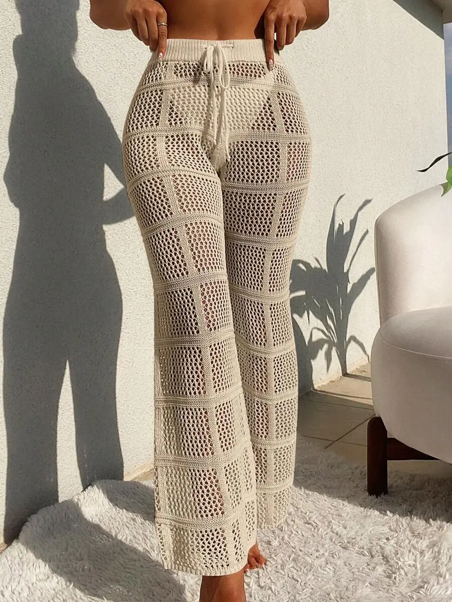 Women's Beach Cover-Up Bottoms - Solid Color Hollow Knitted Drawstring Waist See-Through Mesh Pants, Polyester Fabric Holiday Summer Outfit for All Seasons