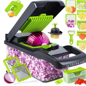Vegetable Chopper, 16-in-1 Multifunctional Food Chopper, 8 Blades Vegetable Slicer, Onion Chopper Vegetable Cutter & Adjustable Veggie Slicer, Potato Dicer Chopper, Container for Salad Garlic | Grey