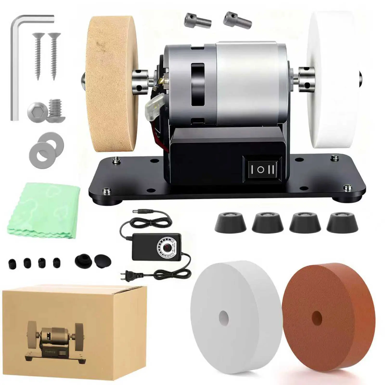 100W Power Mini Bench Grinder, DC Motor Home Use Tool with Compact Desk Design, Small Size, Stepless Speed Control, Abrasive & Wool Wheels for Kitchen Sharpening, Metal Sharpening, DIY Handmade Projects