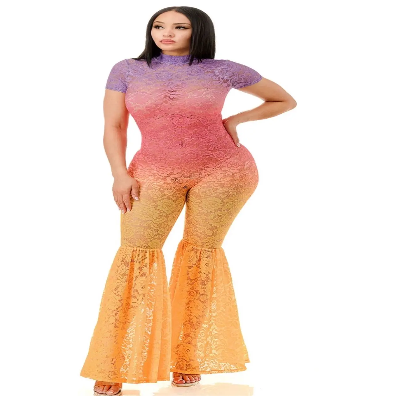 Mock Neck Short Sleeve Bell Bottom Lace Catsuit