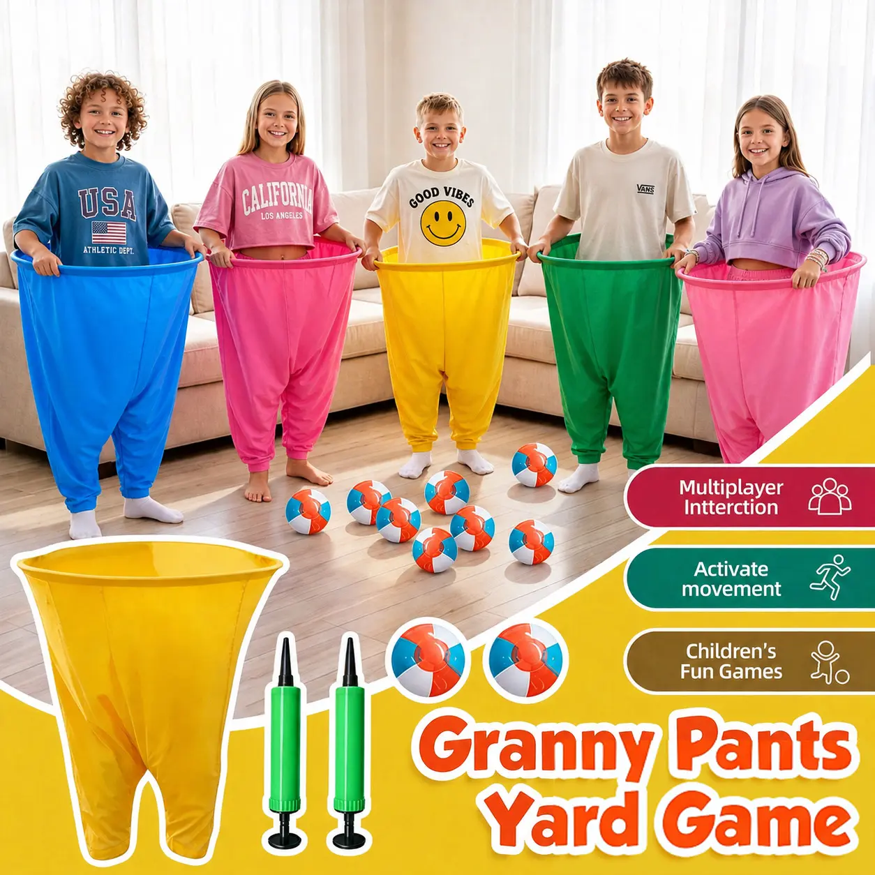 Granny Pants Yard Game, Oversized Giant Stretchy Pants Outdoor Game with Inflatable Ball & Bicycle Pump, for Birthdays, BBQs, Beach and Backyard Games
