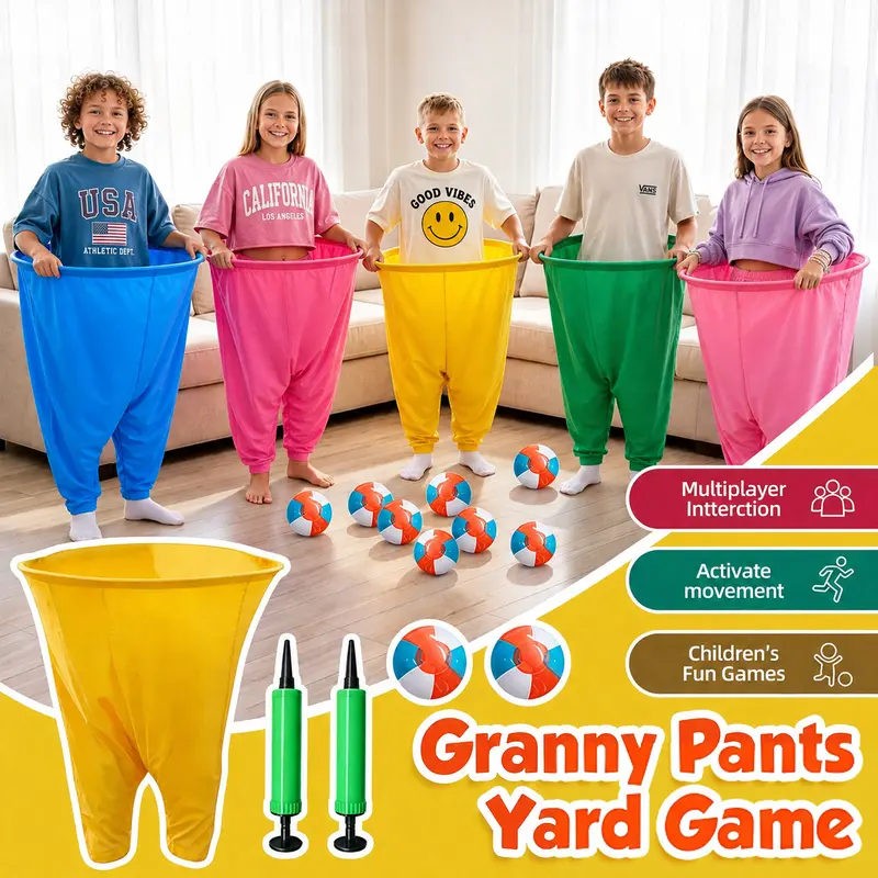 Unisex Elastic Granny Pants Backyard Game Set - 2 Oversized Stretchy Pants, 2 Pumps, 8 Bouncy Balls, No Extra Pieces, Easy-Carry Lawn Game for Birthdays, BBQs