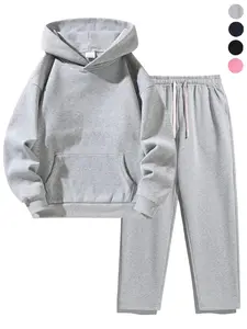 Men's Plain Two-Piece Sweatsuit Set, Fitted Casual Hoodie & Drawstring Pants, Thick Fabric for Fall Winter, Daily Wear Essentials。