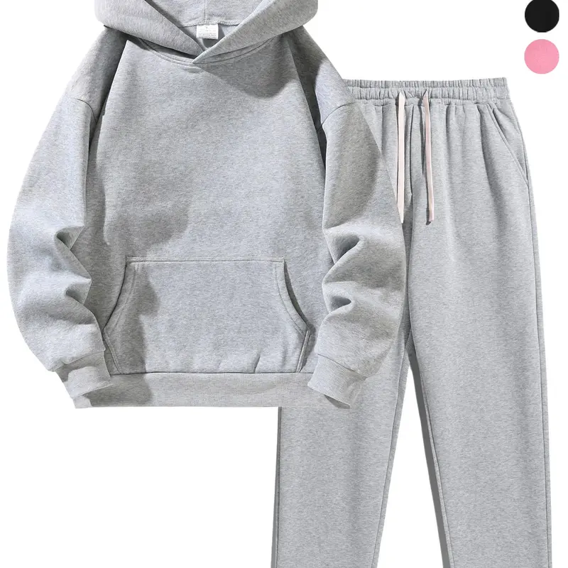 Men's Plain Two-Piece Sweatsuit Set, Fitted Casual Hoodie with & Drawstring Pants, Thick Fabric for Fall Winter, Daily Wear Essentials, Hooded Pants Set