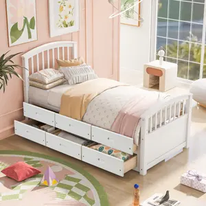 Twin Size Bed Frame with 6 Storage Drawers, Wooden Twin Platform Bed Frame with Headboard and Footboard for Bedroom, Twin Captain Bed, No Box Spring Needed, White