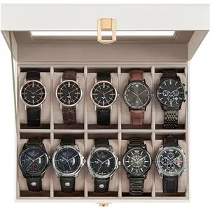 Watch Box, 10-Slot Watch Case with Large Glass Lid, Removable Watch Pillows,  Cloud White Synthetic Leather, Cappuccino Beige Lining UJWB010W01