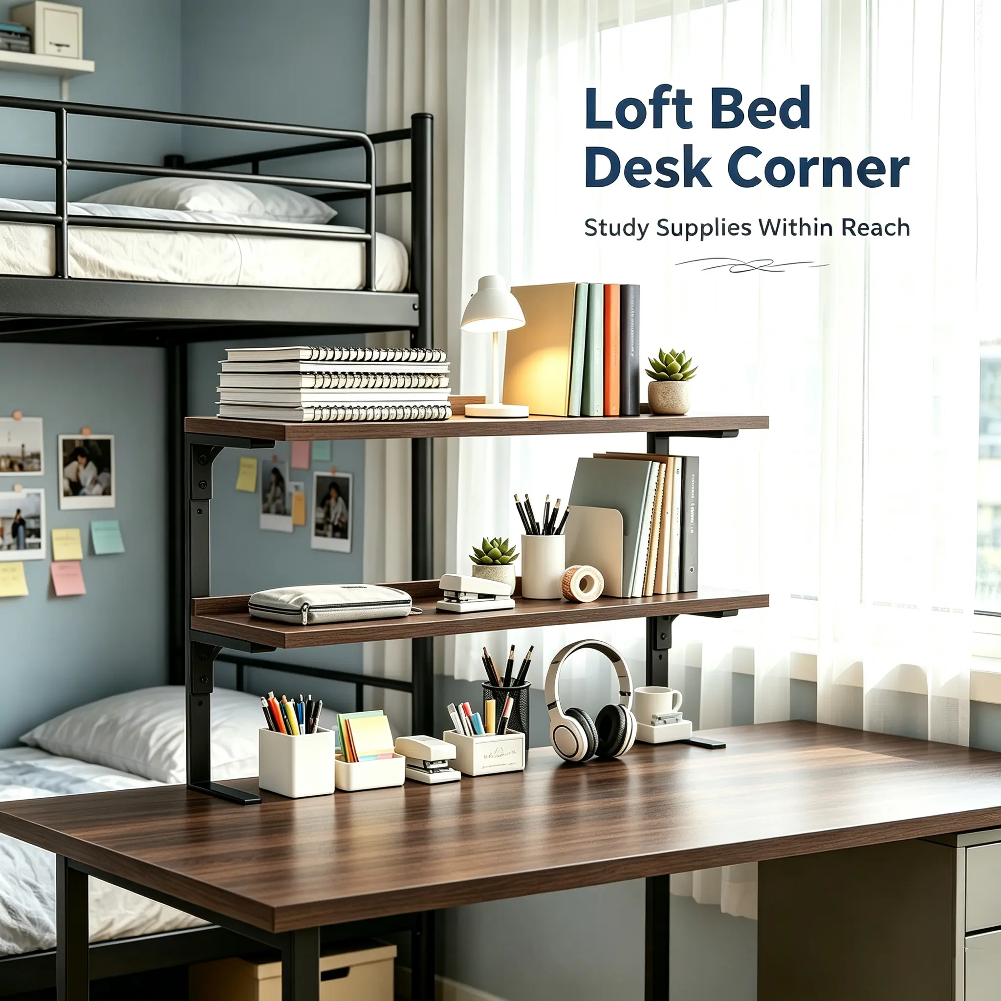 2‑Tier Dorm Desk Organizer, 14 Inch Metal Wood Desktop Side Shelf, Space‑Saving Storage Rack for Back‑to‑School Dorm Room, Hold Pens Notebooks Desk Accessories