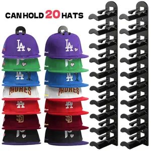 2 Pack Hat Rack on Wall Hat Organizer for Baseball Caps Holds up to 20 Hats with Strong Adhesive and Nail Space-Saving Wall-Mounted Hat Storage Organizer for Closet Door and Bedroom Hat Hangers for Wall Multilayer Display Hat Holder for Men Cap Organizer