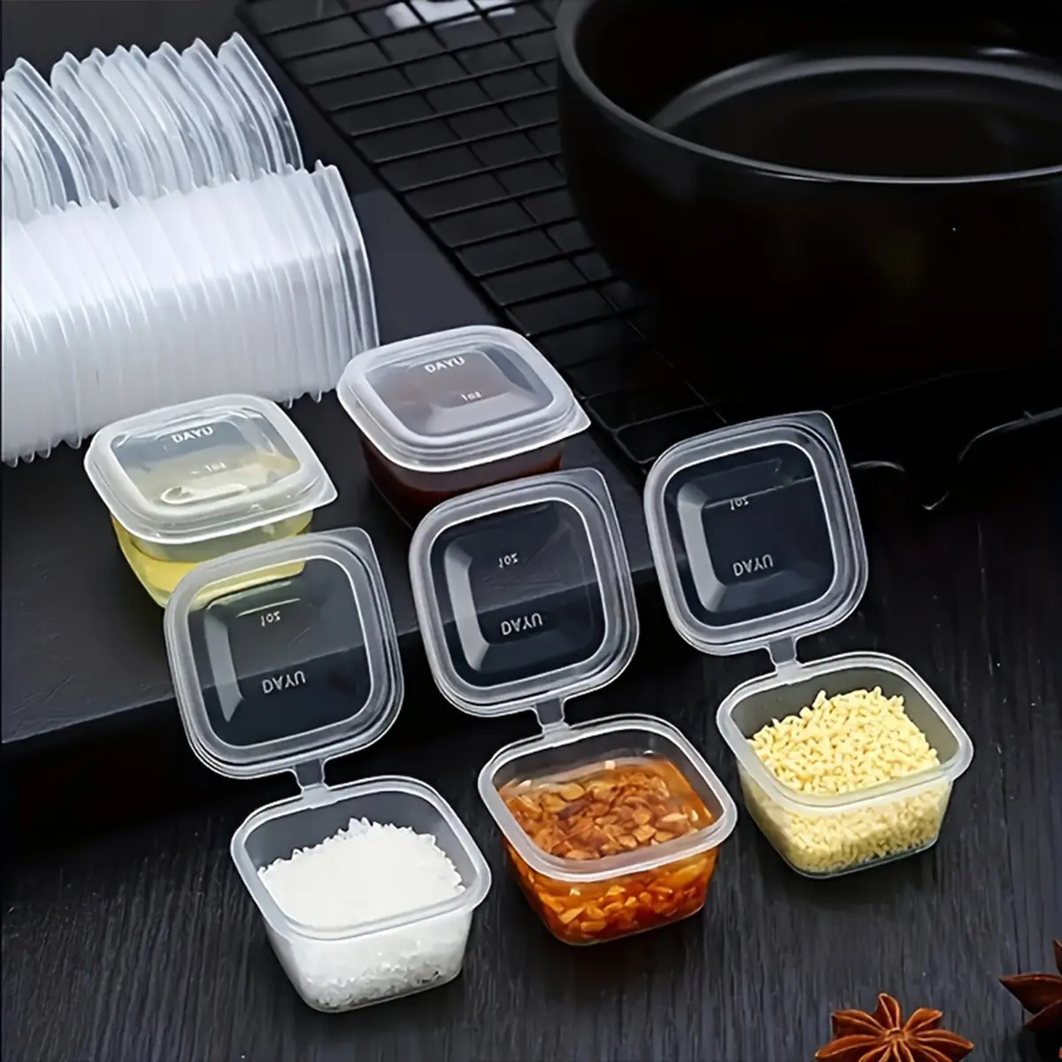 25/50pc Transparent Square Disposable Containers, Leak-Proof Sauce Cups with Hinged Lids, Multi-Purpose Clear Food Storage for Outdoor Camping, Plastic Storage Container, Leakproof Dipping Containers