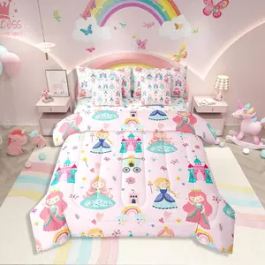 Pink Princess Comforter Set,Dreamy Fairy Tales Castle Girls 7 Piece Bedding Set,Cartoon Rainbow Bed in A Bag,Magical Carriage Princess Bed Set Printed Soft