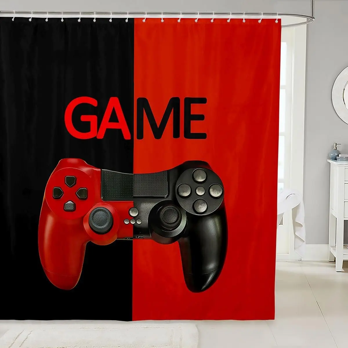 Boys Shower Curtain Gamer Bathroom Shower Curtains Gaming Bath Curtain Red Black Bathroom Decor Video Game Gamepad Waterproof Cloth Fabric with 12 Hooks Bathroom Accessories