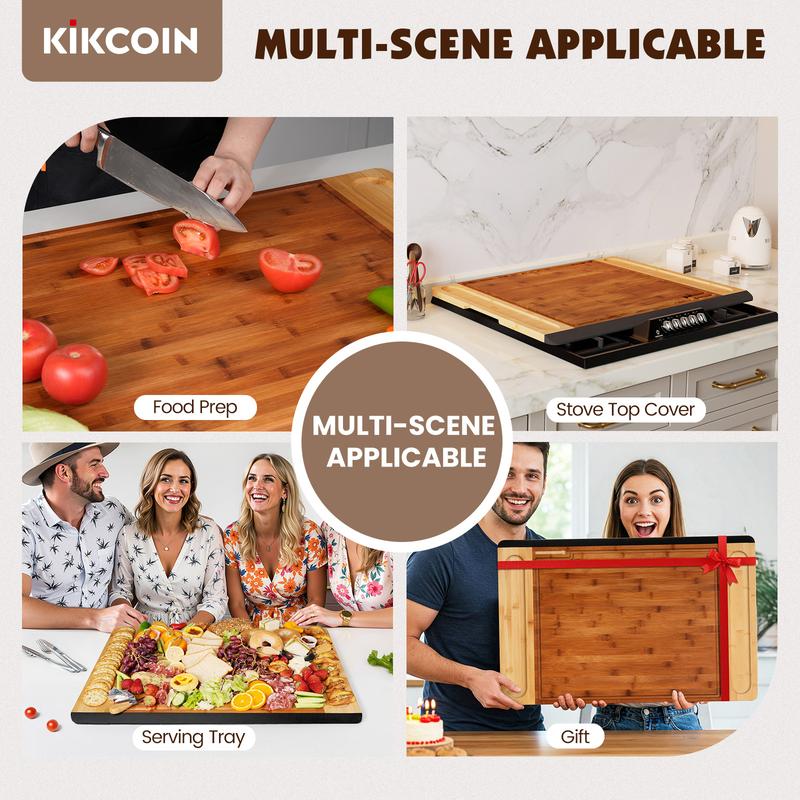 [Mom's Pick]Stove Oven Top Cover Kikcoin Extra Large Wooden Cutting Board with Handle Juice Groove Serving Tray for Kitchen 5XL 37L*25W Cooking Knives Bamboo Craftsmanship