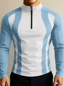 INCERUN Men's Long Sleeve Tight-Fitting Patchwork Colorblock Zipper T-Shirt, Casual Fashion Top for Daily Wear, Comfortable and Stylish
