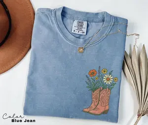 Cowgirl Boots Wildflowers Shirt, Retro Western Graphic Tee, Comfort Colors Country Girl T-Shirt, Rodeo Outfit, Gift for Her, Country Farm