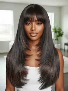 Long Highlight Straight Wigs for Women, 24 Inch Glueless Realistic Synthetic Wig with Bangs, Heat Resistant Natural Layered Wig