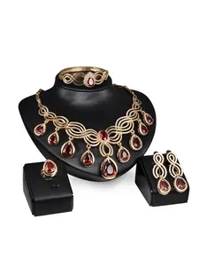 Fashionable Exaggerated Rhinestone Red Waterdrop Necklace, Earrings, Ring & Bracelet 4-Piece Set, Women's Wedding Jewelry