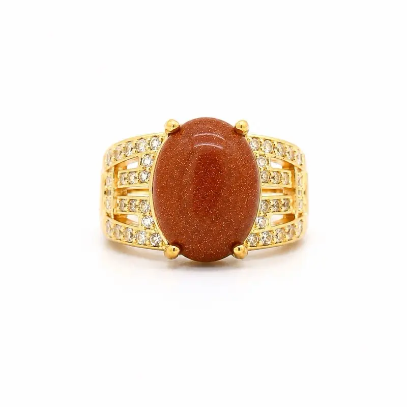 14K Gold Plated Brown Goldstone Statement Ring with CZ Stones | Elegant Oval Gemstone Fashion Ring for Women