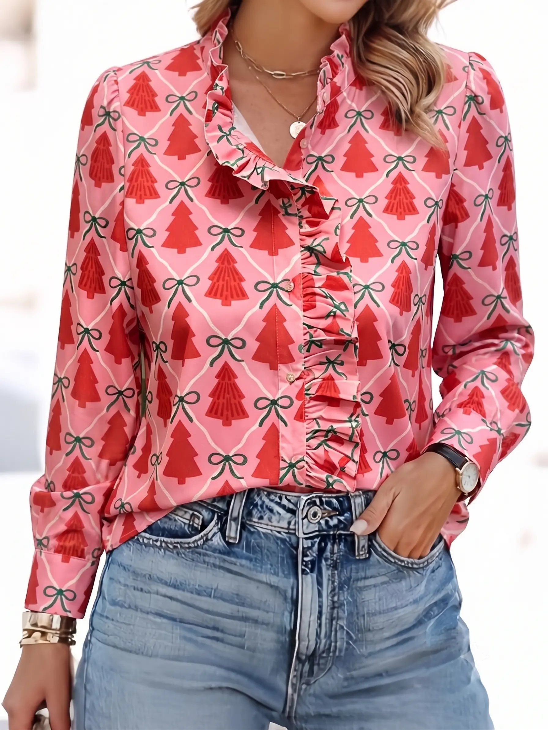 Women's Aesthetic Coquette Pink Ruffle Christmas Blouse - Cute Casual Button-Down Top with Sleeves, Chic Petal Festive Style Holiday OOTD Must-Have, Collared Neck Blouses & Shirts, Cuffed Sleeve Blouses & Shirts
