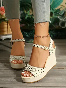 Women's Polka Dot Bow Comfortable Wedge Heel Sandals, Minimalist Buckle High Heels, Fashion Daily Wear Shoes, Thick Sole Boosting Height, Stylish