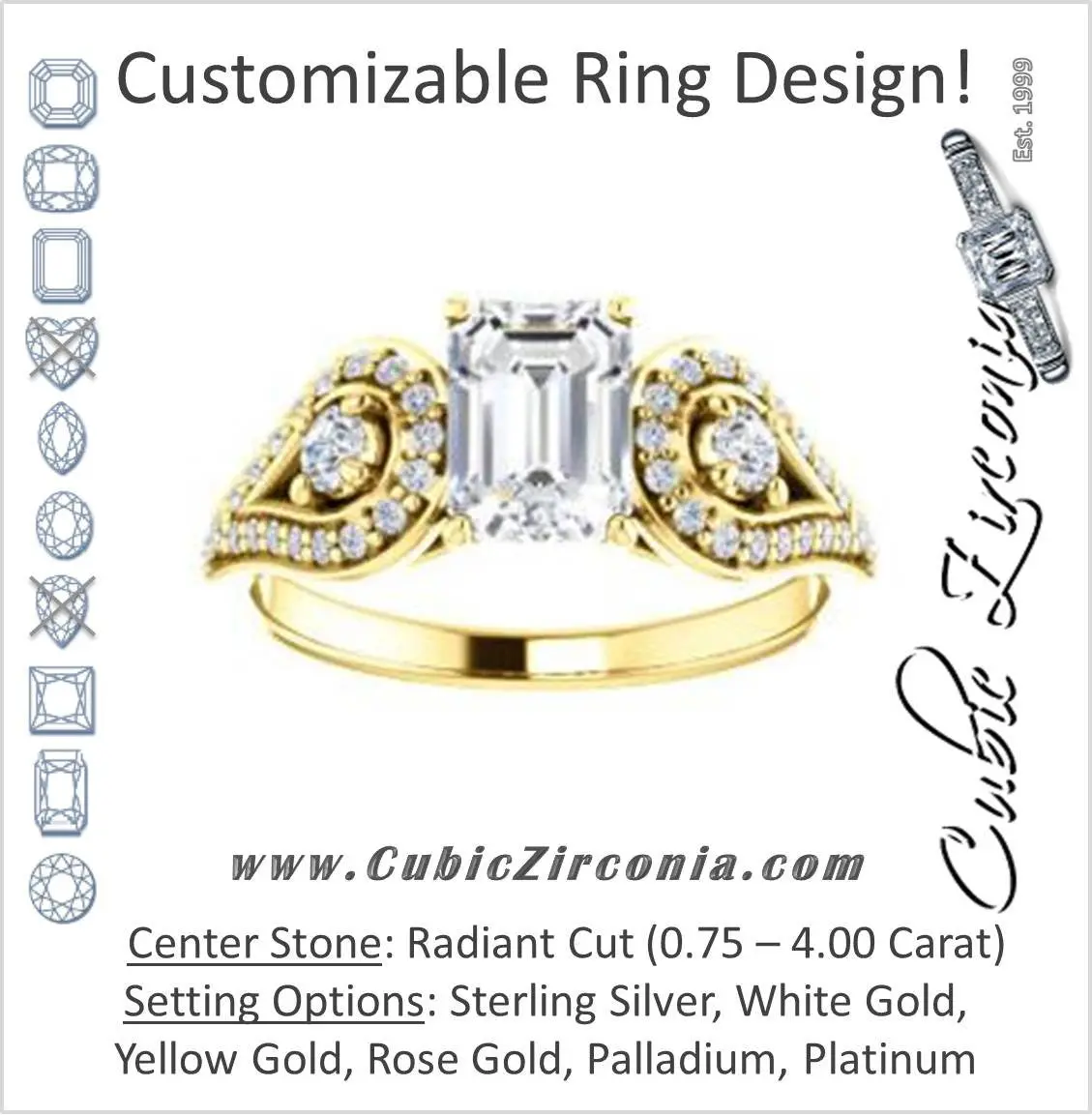 Cubic Zirconia Engagement Ring- The Tonya Laverne (Customizable Radiant Cut Design with Winged Split-Pavé Band)