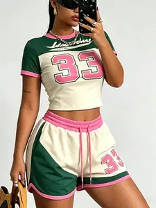 Women's Y2K Short Top & Shorts Set, Retro Colorblock Number Print, Casual Sporty Fashion Style, Streetwear & Daily Wear
