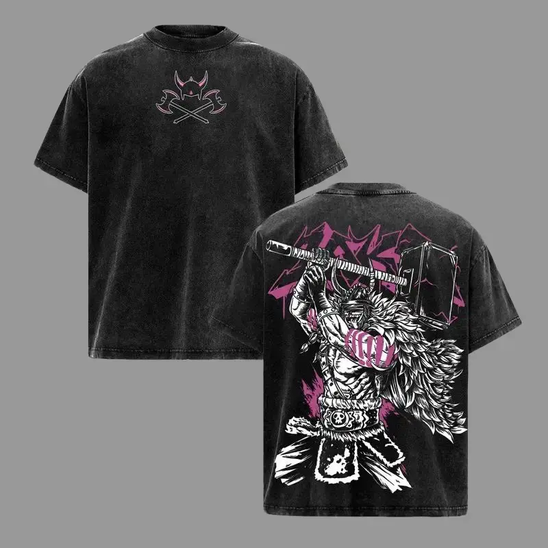 Menswear Top, Loki 1 Piece Vintage Washed Oversized Heavy Cotton Short-Sleeve T-Shirt, Elbaf Prince Warrior Graphic Manga Tee, Gift for Anime Streetwear Fans  Crewneck Tshirt