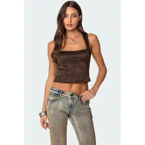 Tie Back Faux Suede Bustier Top