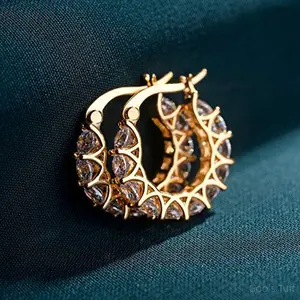 Women's Full Pave CZ Lace U-Shape Hoop Earrings, French Elegant Costume Jewelry, Ins Trend Street Style Accessories for Daily Dating Cross-Border Use