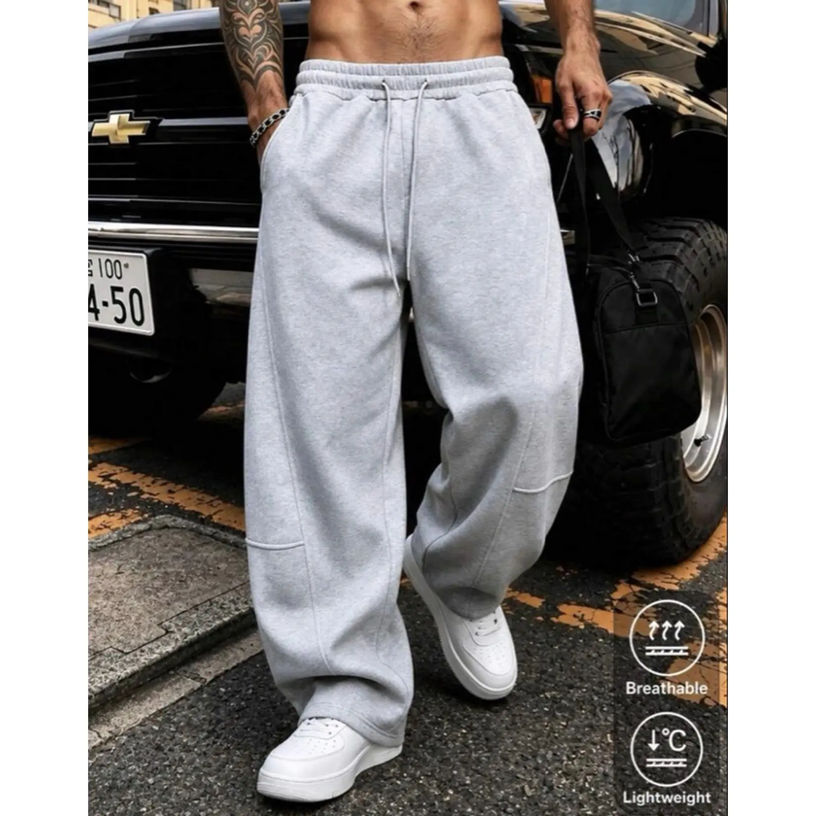 Y2K Street Style Patchwork Puddle Pants Men's High Waist Loose Fit Sweatpants Drawstring Wide Leg Gray-Brown Joggers Sports Fall Breathable Lightweight
