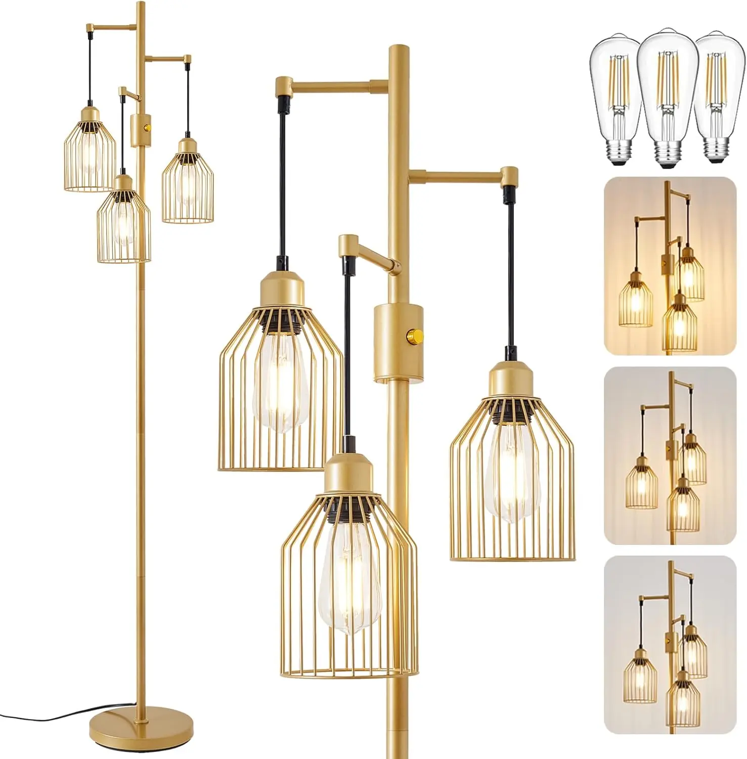 Dimmable Floor Lamp for Living Room, Farmhouse Floor Lamps with Elegant Hanging Cage, 3 x LED Edison Bulbs Included, 68.5" Industrial Standing Light for Bedroom Office  Decor ()