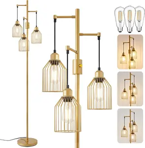 Dimmable Floor Lamp for Living Room, Farmhouse Floor Lamps with Elegant Hanging Cage, 3 x LED Edison Bulbs Included, 68.5" Industrial Standing Light for Bedroom Office  Decor ()