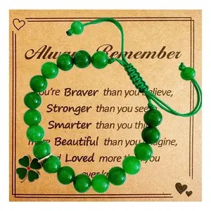 St Patrick's Day Gift Green Nature Stone Clove Bracelet Four Leaf Clover Female Heart Charm Lucky Trendy Gift for Women Peacock Design Adjustable Beaded Jewelry