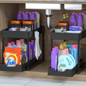 2 Tier Under Sink Storage Rack , Kitchen Cabinet Storage Rack, Double Sliding Cabinet Basket Storage Drawer, Multi-Functional Bathroom Collection Basket, Organizer, Shelf For Under Counter Kitchen Storage With 5 Hooks 2 Hanging Baskets Kitchen Decor Holid