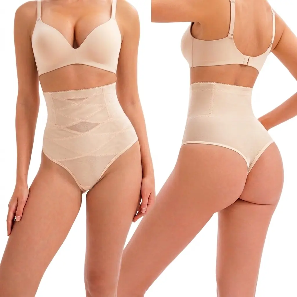 Women's High-Waisted Tummy Control Thong Shapewear - Seamless, Smooth, Lightweight, Breathable, Comfortable Elastane Belly Compression Panties for Everyday Use, Mesh Fabric,Shaping Thong, Solid