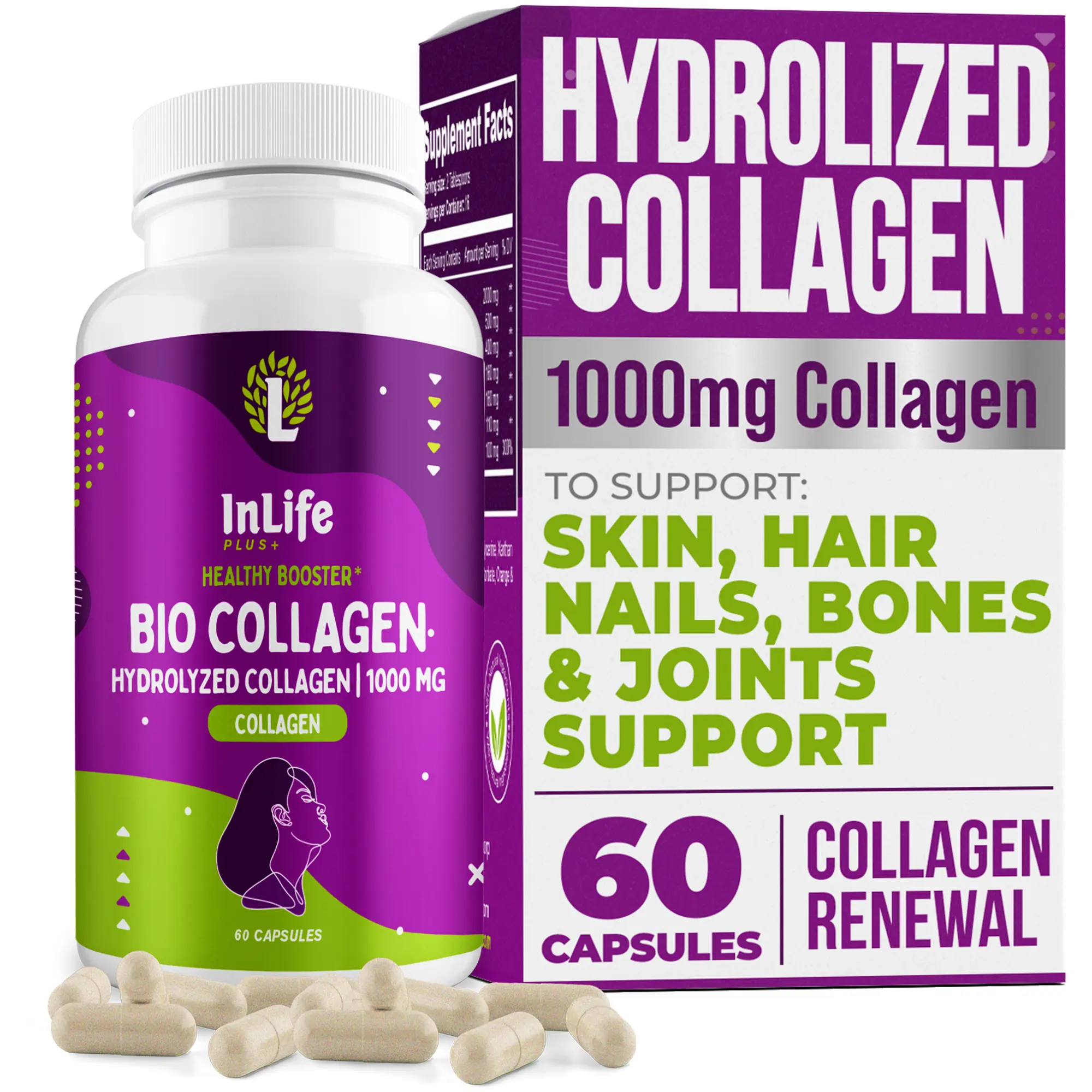 InLife Plus Hydrolyzed Collagen Peptides 1000mg Per Serving 60 Capsules for Skin Hair Nails Bones Joints Anti Aging Support Non GMO High Quality Formula - Healthcare