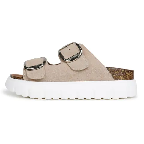 EVELLYHOOTD Women's Premium Leather Chunky Heel Platform Sandals - Beige, Arch Support, Cork Footbed, Adjustable Buckle, Lightweight Casual Women's Shoes for Daily Wear
