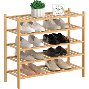 5-Tier Natural Bamboo Shoe Rack - Stackable Storage Shelf with Multi-Function Combinations - Free Standing Shoe Racks for Convenient Shoe Organization（Natural） 11" D x 27" W x 35" H
